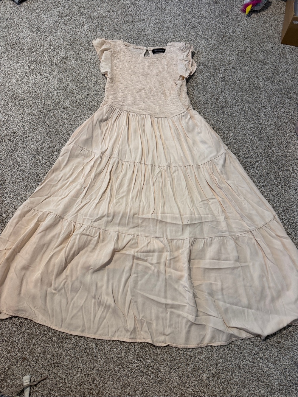 Smocked Flutter-Sleeve Midi Dress in Beige